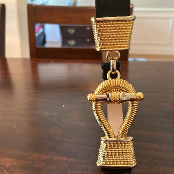 Belt, black leather with gold & silver buckle. Size 32” - Picture 2 of 3